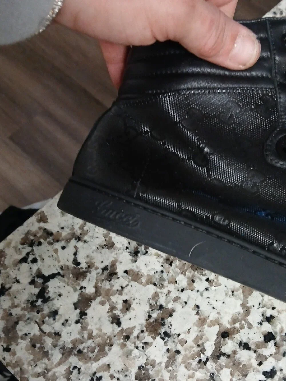 Gucci Imprime Black Leather High-Top Sneaker with Gold Logo